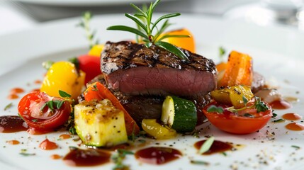 fine dining dish of grilled beef with a colorful array of vegetables
