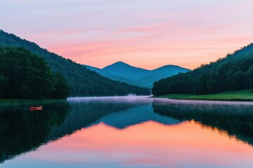 Wall Mural - Serene Lake at Dawn with Misty Mountains and Colorful Sky