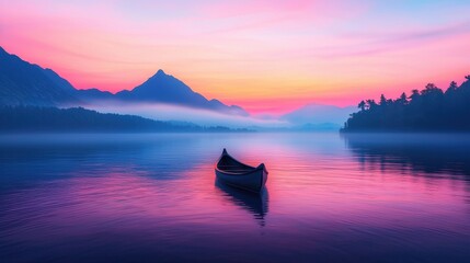 Wall Mural - Serene Sunset Reflection on Calm Water with Isolated Canoe