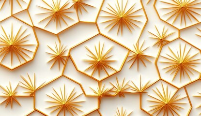 Poster - Gold starburst hexagons pattern, white background, 3D render, design texture