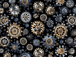 Poster - Gold, silver gears rotate, dark background, seamless pattern, tech design