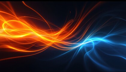 Poster - Abstract glowing light waves in orange and blue on dark background