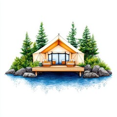 Poster - Cozy Glamping Tent by a Calm Water Body Surrounded by Nature