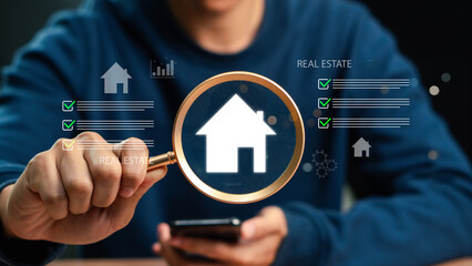 Wall Mural - Real estate management, investment planning, highlighting digital home search technology. Discover Property Listings, Market Trends, and Investment for Effective Real Estate Management