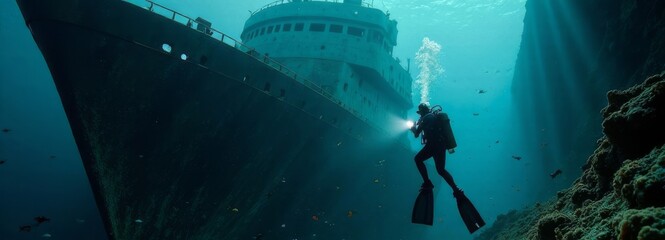 Deep in the ocean banner, a scuba diver investigates shipwreck, its rusted structure covered in coral. Beams of light reveal hidden details and ghostly past of wreck. Underwater adventure and diving.