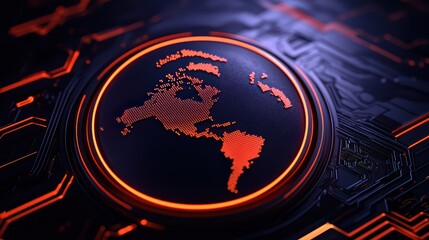Poster - Abstract Global Map with Circuit Board Design in Orange and Black