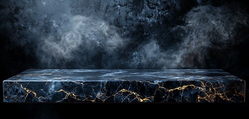 Wall Mural - empty black marble countertop, perfectly still and smooth, against a dark background, ideal for show