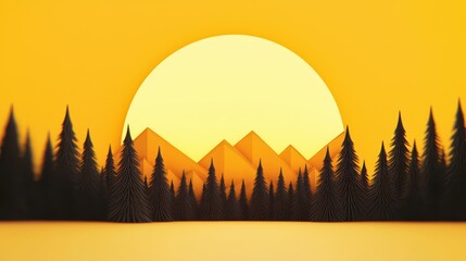 Poster - Scenic Mountain Sunset with Forest Silhouette in Vibrant Yellow Hue