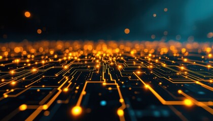 Fototapete - Futuristic digital circuit board with glowing orange lights in a dark abstract setting