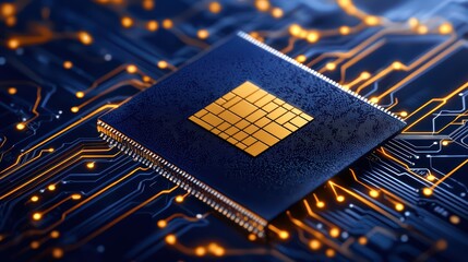 Poster - Modern Microchip on Circuit Board with Glowing Connections