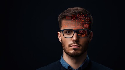Poster - Young Man with Glasses and Futuristic Icons Overlay on Mind