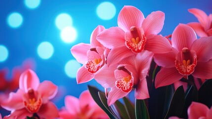 Wall Mural - Vibrant Pink Orchids with Soft Blue Bokeh Background