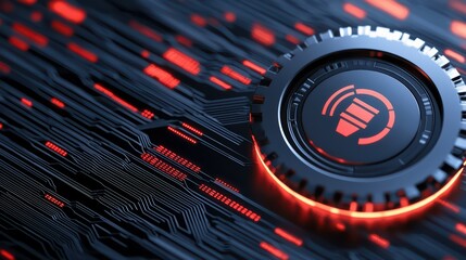 Poster - Futuristic Circuit Pattern with Icon and Red Accents on Dark Background