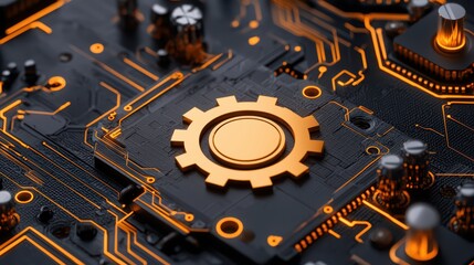 Poster - Intricate Circuit Board Design with Gear Symbol in Bright Orange