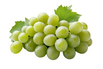 Wall Mural - A cluster of organic green grapes with small leaves attached, isolated on a transparent background, PNG file.