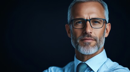 Poster - Confident Middle-Aged Man with Glasses Against Dark Background