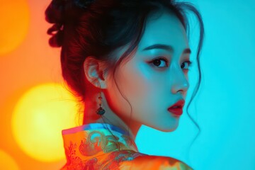 photography studio of a young model Asian woman, dressed with traditional Chinese clothes, portrait, three quarter pose, great lighting contrast, neon yellow light in the background 