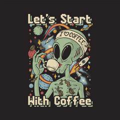 Wall Mural - alien drinking coffee retro cartoon illustration