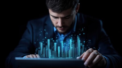 Poster - Businessman Interacting with Cityscape Visualization on Tablet Screen