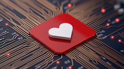 Poster - Red Heart Icon on Circuit Board Background Symbolizing Love Technology