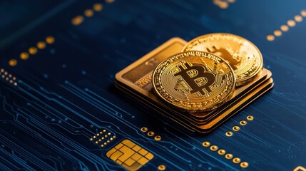 Poster - Golden Bitcoins On Digital Circuit Board With Cryptocurrency Motif