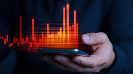 Poster - Hand Holding Smartphone with Dynamic Orange Sound Wave Visuals