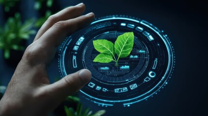 Poster - Hand Reaching for Digital Green Leaves in Futuristic Technology Concept