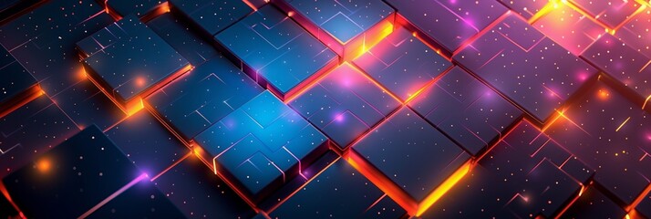 Poster - abstract background with dark blue, purple and orange gradient color blocks arranged in an artistic pattern.
