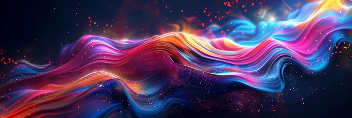 Poster - Abstract colorful shapes, vector art, fluid design on a dark background with glowing neon lights and splashes of color.