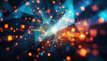 Fototapete - Digital abstract background with dynamic geometric shapes and glowing particles