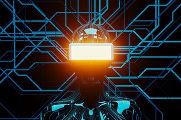Humanoid in virtual glasses explores augmented reality technology