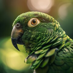 Wall Mural - Close-Up of a Green Parrot's Head with Blurred Background and Natural Light