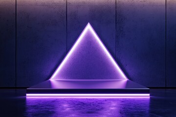 Wall Mural - Futuristic minimalist setting showcases a matte lavender triangular podium, subtly glowing on a glossy surface.