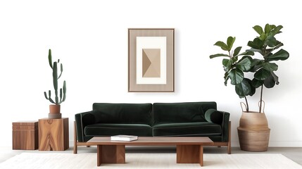 Wall Mural - Mid-century modern living room interior design with a dark green velvet sofa, walnut wood furniture, and geometric art pieces.