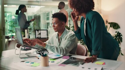Aufkleber - Collaboration, online and people with laptop, office and graphic designer with manager for feedback. Conversation, teamwork and employees with layout of website, creative and discussion for design