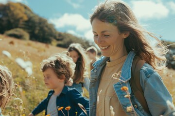 Joyful Family Walk in Nature with Mother and Children