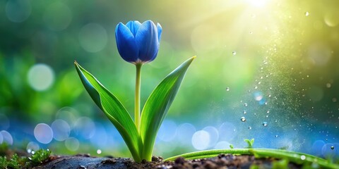 Wall Mural - A delicate blue tulip stem rises from the ground, surrounded by lush green foliage and reflecting a few tiny droplets of water on its surface , spring, bloom