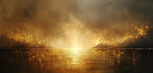 Wall Mural - golden light beams shining through the soft mist of the sky, accompanied by a delicate and ethereal 