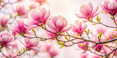 Wall Mural - Blooming magnolia tree branches with vibrant pink flowers against a soft white background, showcasing delicate petals and intricate details , botanical, blossom