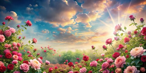 Wall Mural - A romantic rose garden with pink and red flowers, soft clouds, and a sunny sky background illustration