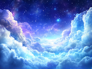 Wall Mural - celestial sky filled with stars and cloud formations with a soft gradient blend of blues, purples, a