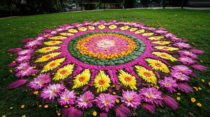 Poster - A breathtaking floral pattern of pink and yellow flowers artistically spread on the ground, surrounded by green grass.