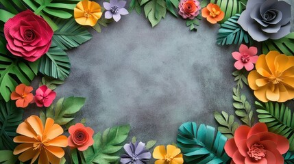 Canvas Print - A circular arrangement of colorful paper flowers and leaves on a textured natural background