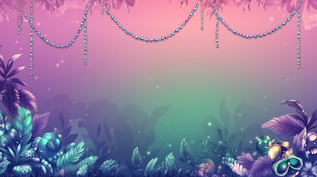A cheerful Mardi Gras banner with decorative beads, masks, and a striking purple-to-green gradient backdrop
