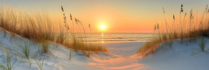 Wall Mural - Sunset beach dune path, ocean view, travel poster