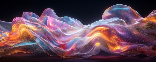 Wall Mural - holographic fluid waves with a dark backdrop, creating a visually stimulating, futuristic scene.