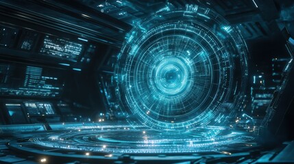 Poster - featuring a high tech facility, a futuristic manufacturing process showcases a large hologram displa