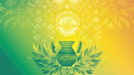 Fototapete - A gradient Thaipusam banner with kavadi designs, vibrant green-yellow hues, and decorative flower elements