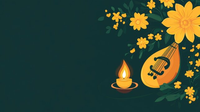 A minimalist banner for Vasant Panchami featuring yellow flowers, veena, and a glowing diya lamp, evoking cultural warmth