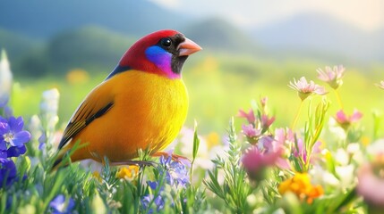 Canvas Print - A serene nature scene featuring a Gouldian sparrow with its radiant plumage, set against a backdrop of wildflowers and green fields.